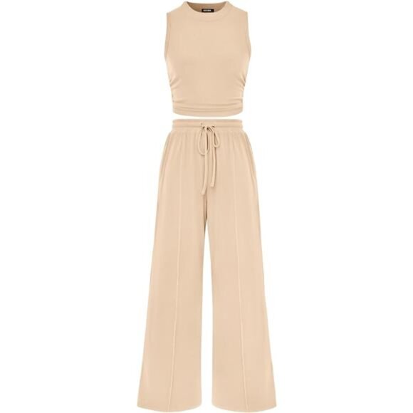 Women's Summer Ribbed Knit 2 Piece Outfit Sleeveless Crop Top Wide Leg Pants